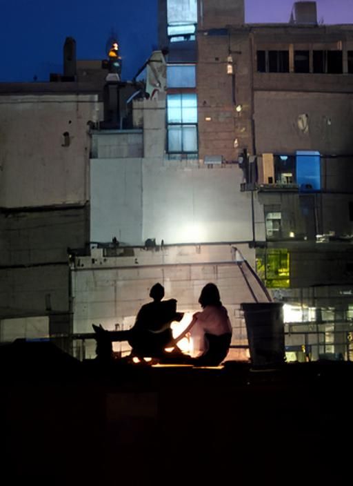 Rooftop Silhouette: Two Figures at Sunset