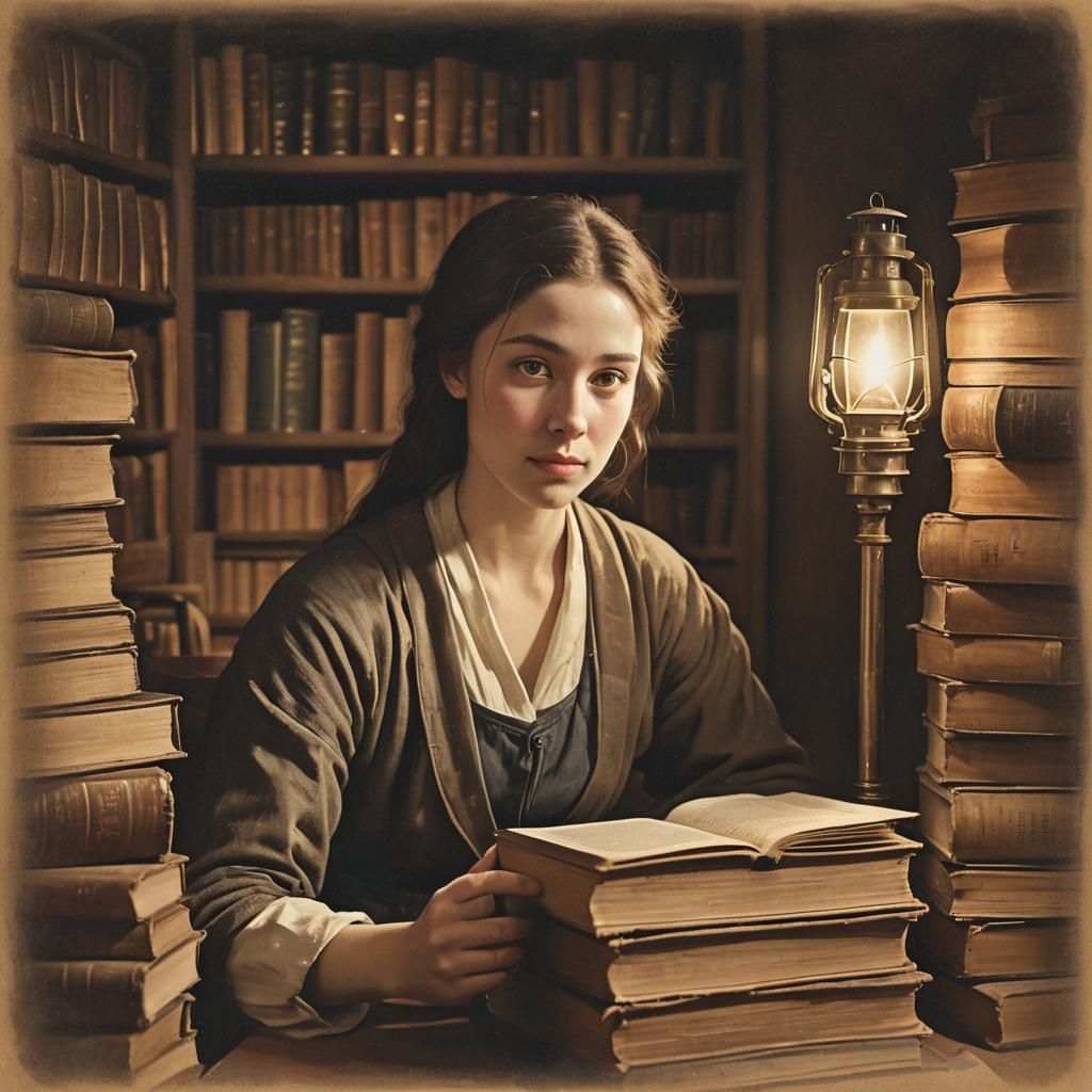Romantic Portrait in Warm Light Surrounded by Books
