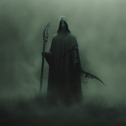 Grim Reaper in a Misty Graveyard, Dark Fantasy Portrait