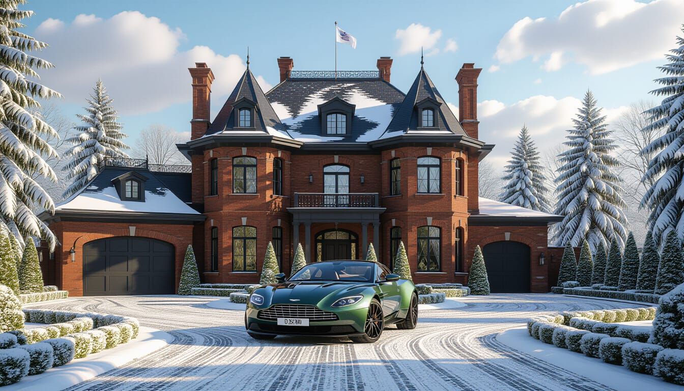 Victorian Chateau with Aston Martin in Snowy Garden