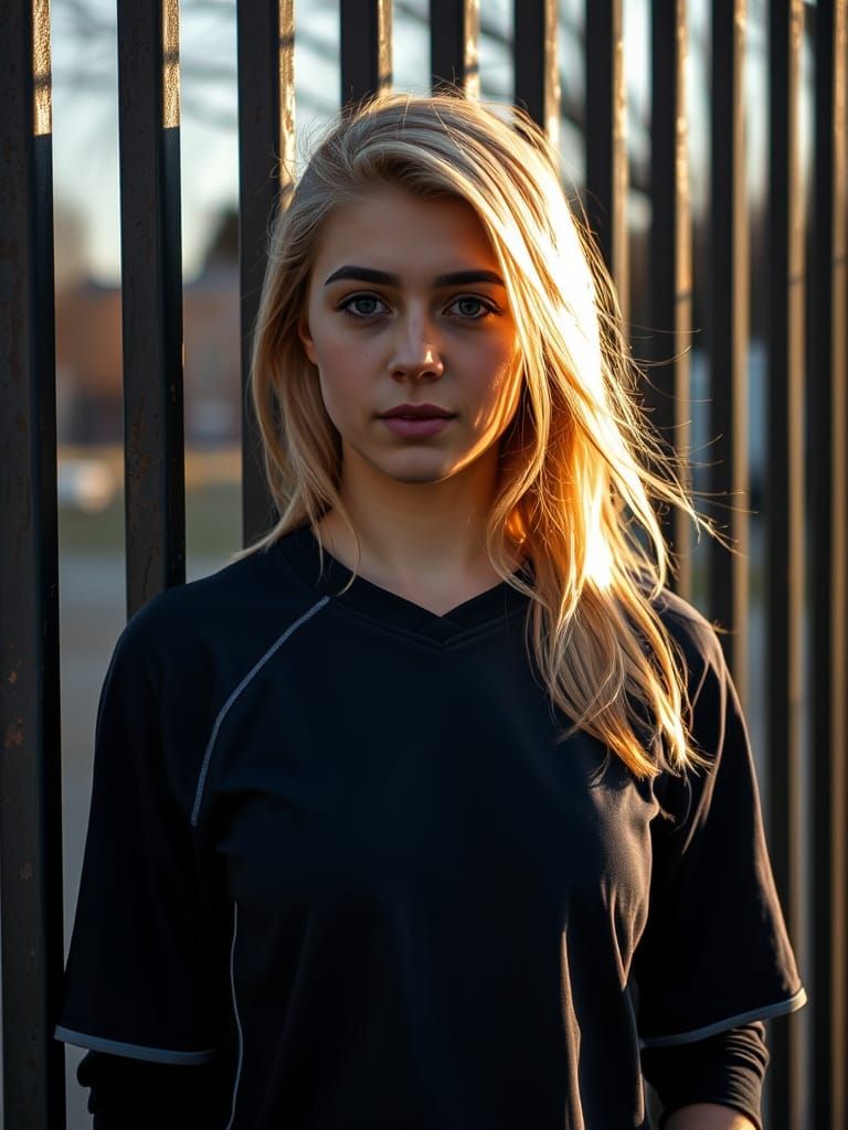 Young Woman in Sports Jersey in Warm Afternoon Light