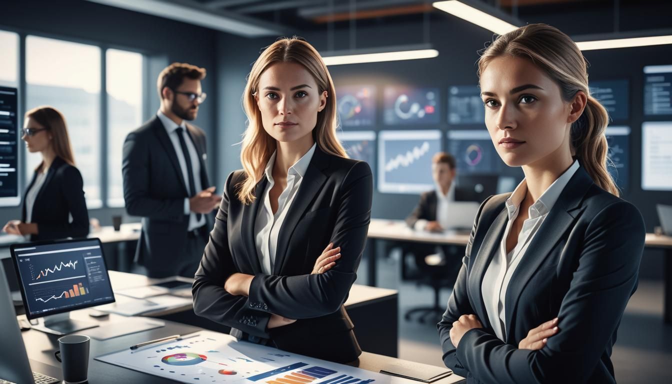 Confident Entrepreneur Leads Team in High-Tech Office