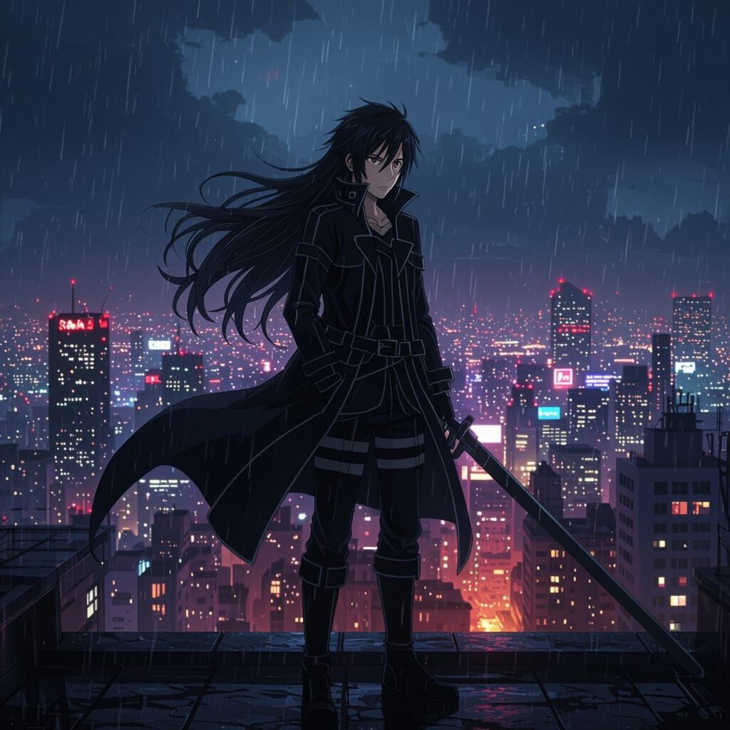 Kirito With Long Hair in Neon City Night