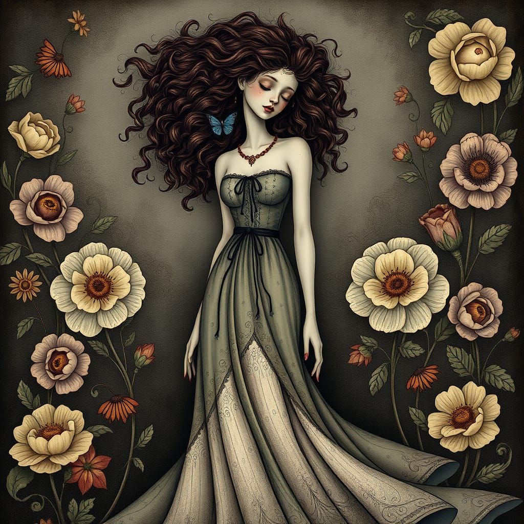 Whimsical Woman in Dark Romantic, Surreal Style