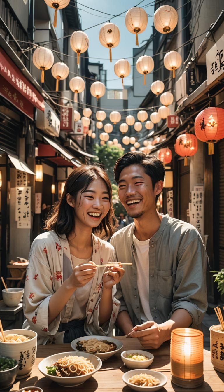 Asian Couple Laughing Over Ramen in Japan