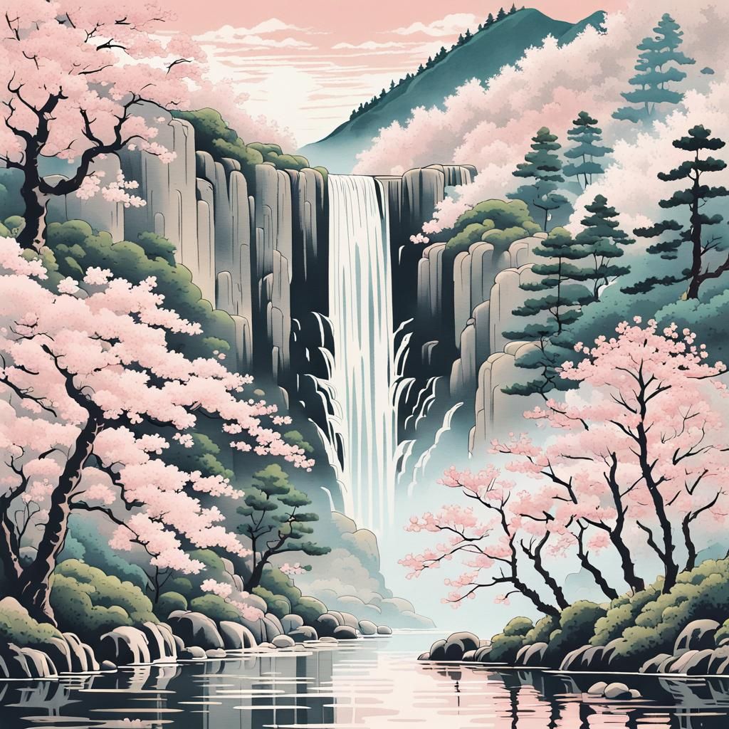 Ukiyo-e Sakura Trees and Waterfall Landscape