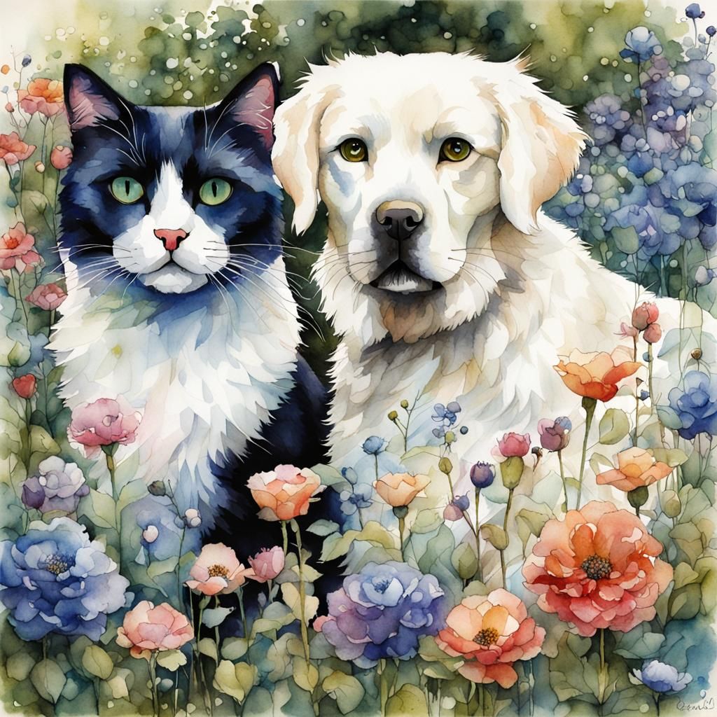 Ragdoll Cat and Labrador Portrait in Watercolor