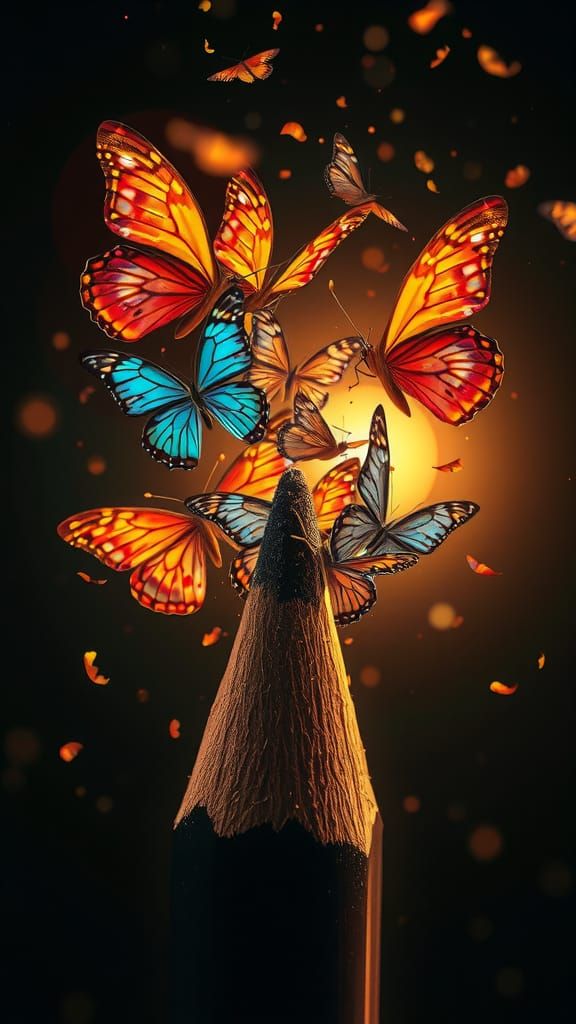 Butterflies Emerge From Pencil Tip in Hyperrealistic Style