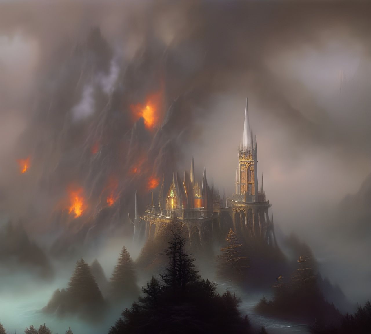 Castle between forest and mountain