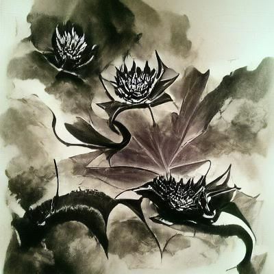 Black Dragon Lotus in Indian Ink Style