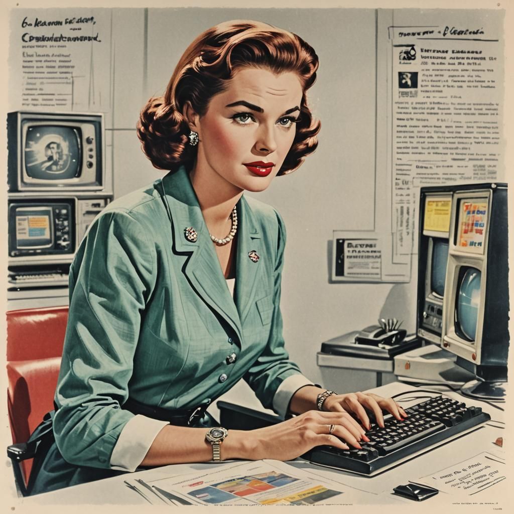 Glamorous 1950s Woman Working with Computer