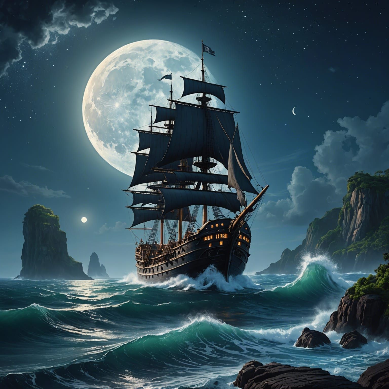 Tall Ship at Sea: Detailed Acrylic Painting