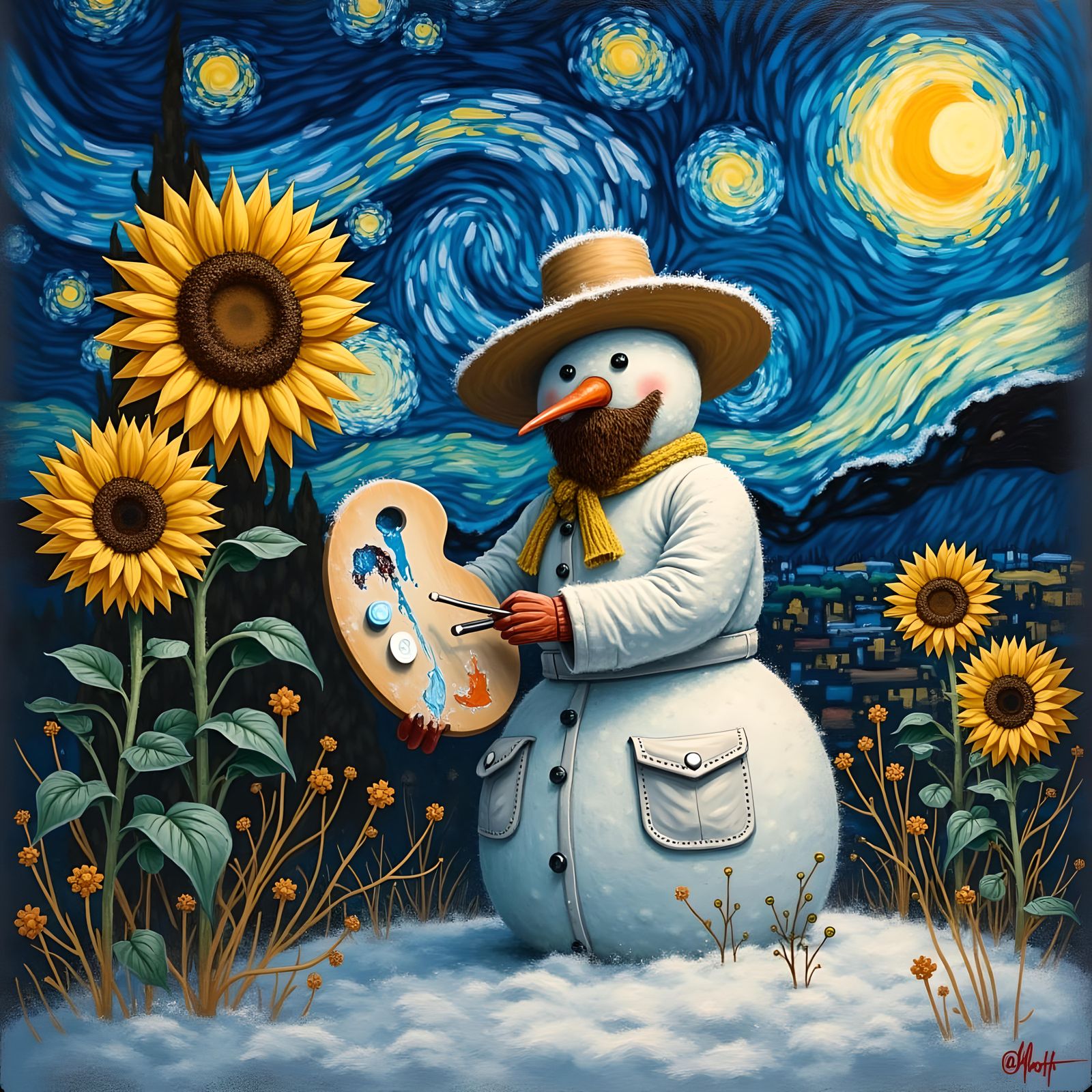 Snowman as Van Gogh in Oil Painting Style
