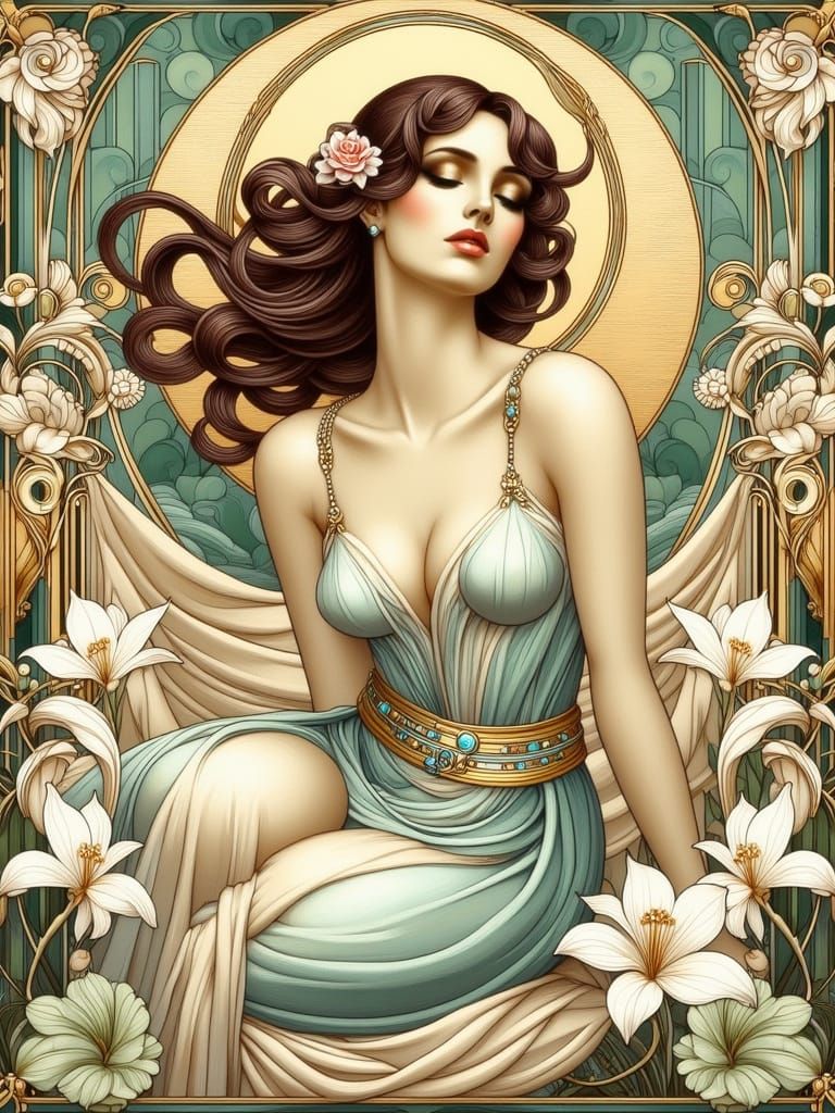 Elegant Art Nouveau Woman in Soft Pastel Hues