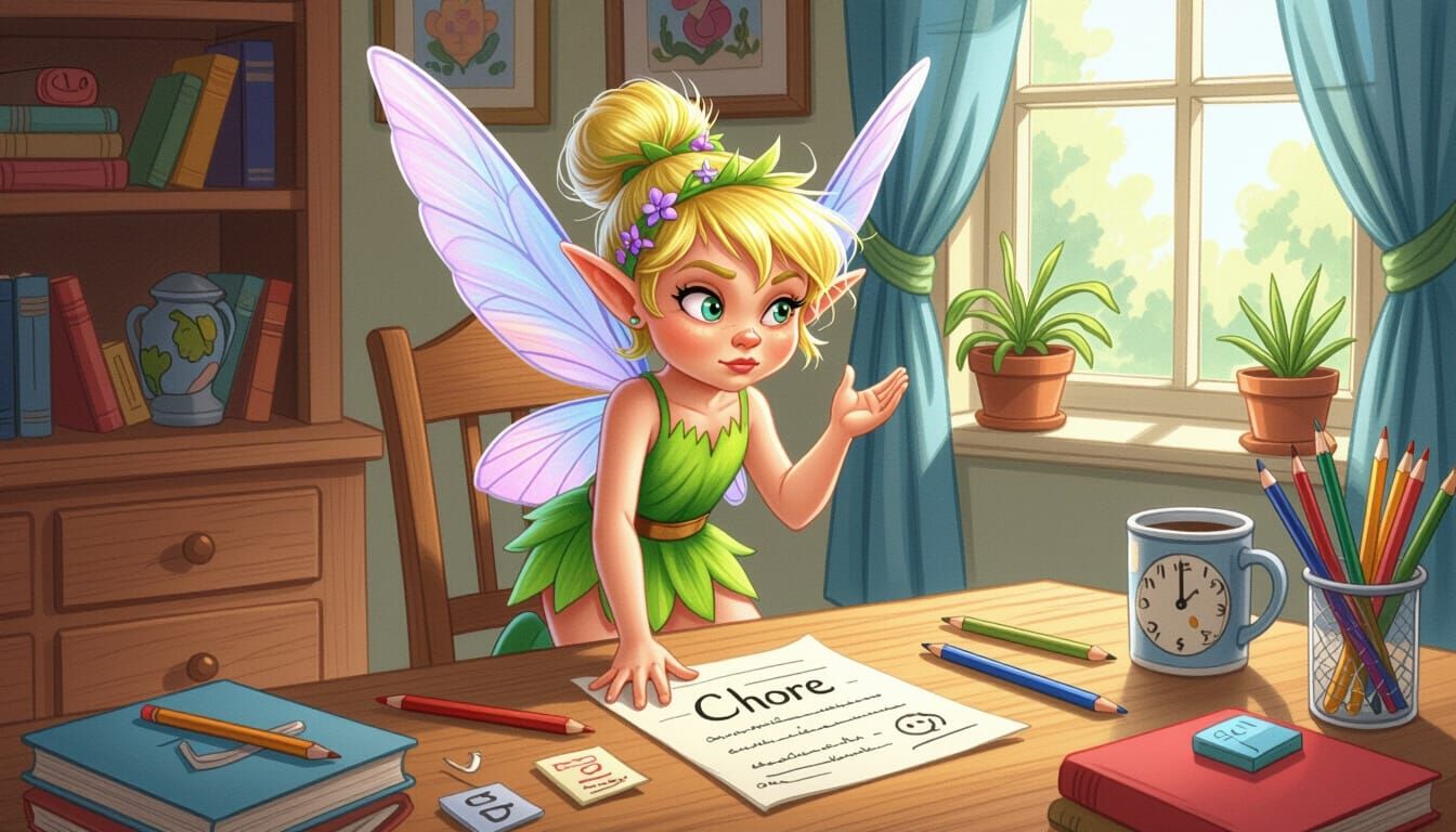 Mischievous Chore Fairy Strikes in Realistic Pencil Sketch