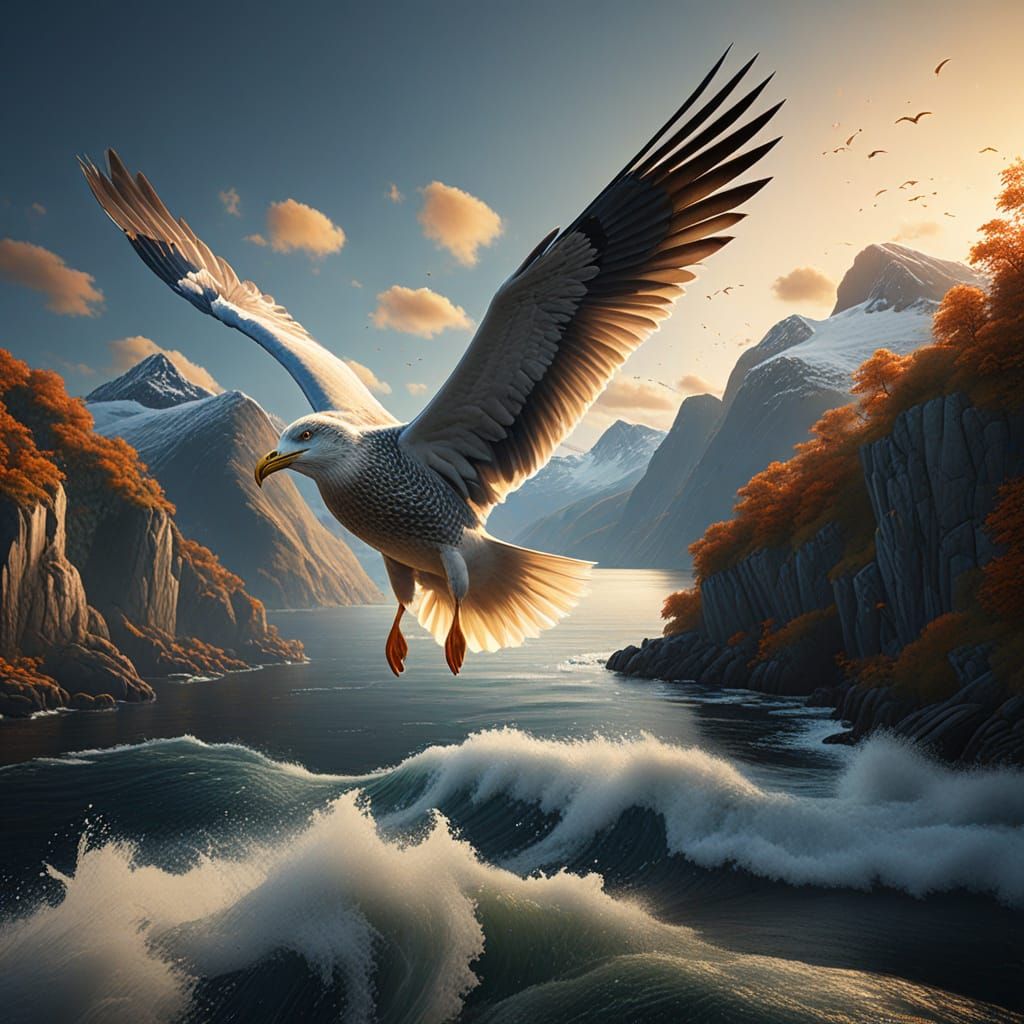 Herring Gull Soars Over Fjord in Golden Light