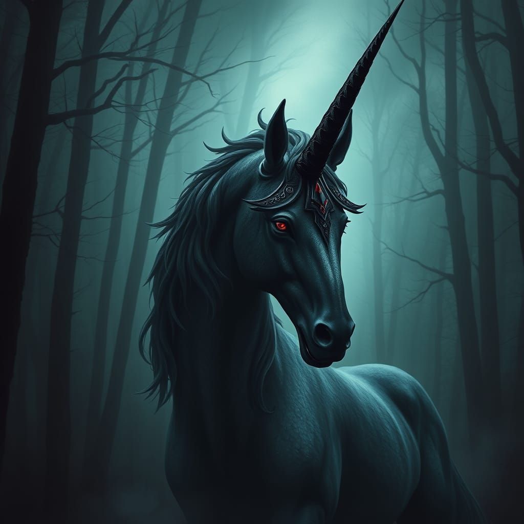 Majestic Dark Unicorn in Gothic Forest