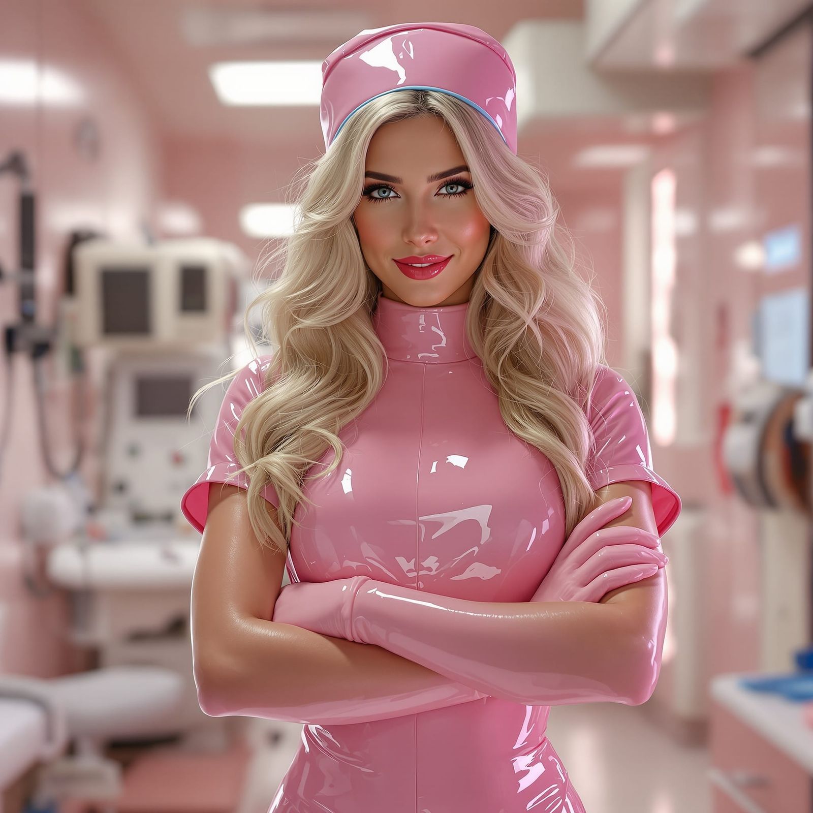 Pink Latex Nurse in Bright Medical Examination Room