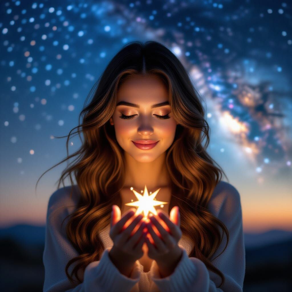 Woman Holds Ethereal Starry Light in Golden Hour Glow