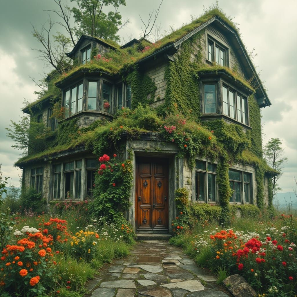 Surreal Overgrown Landscape in Rainy Atmosphere