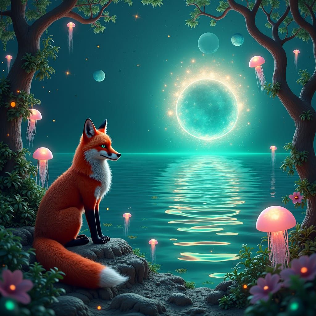 Mystical Fox Gazing at Cosmic Sea in Visionary Art