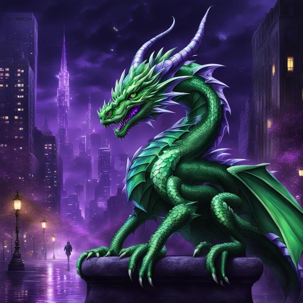 Green Dragon in City at Night with Crystal Rain