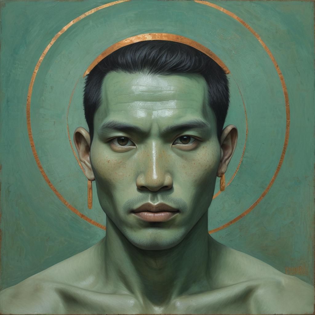 Thai Man Portrait with Halo in Symbolist Style