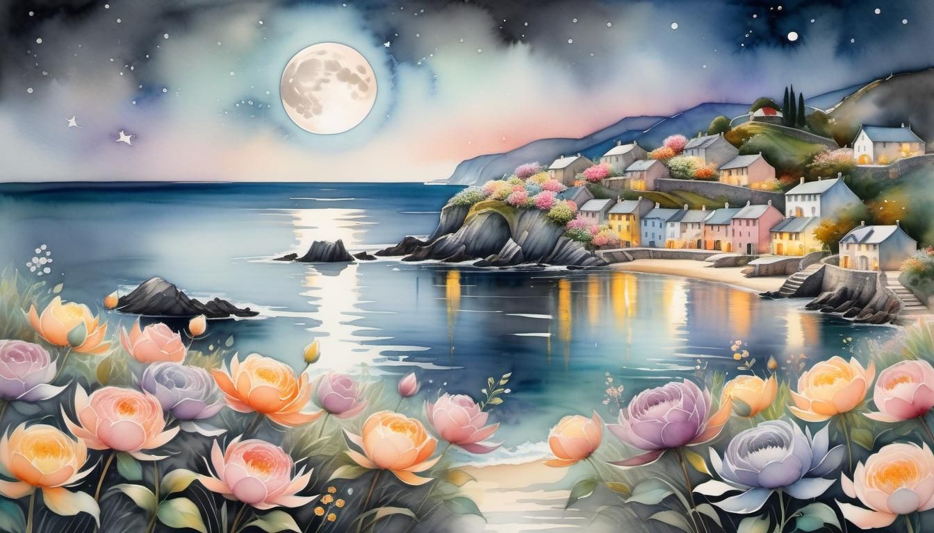 Seaside Village in Charcoal and Watercolor