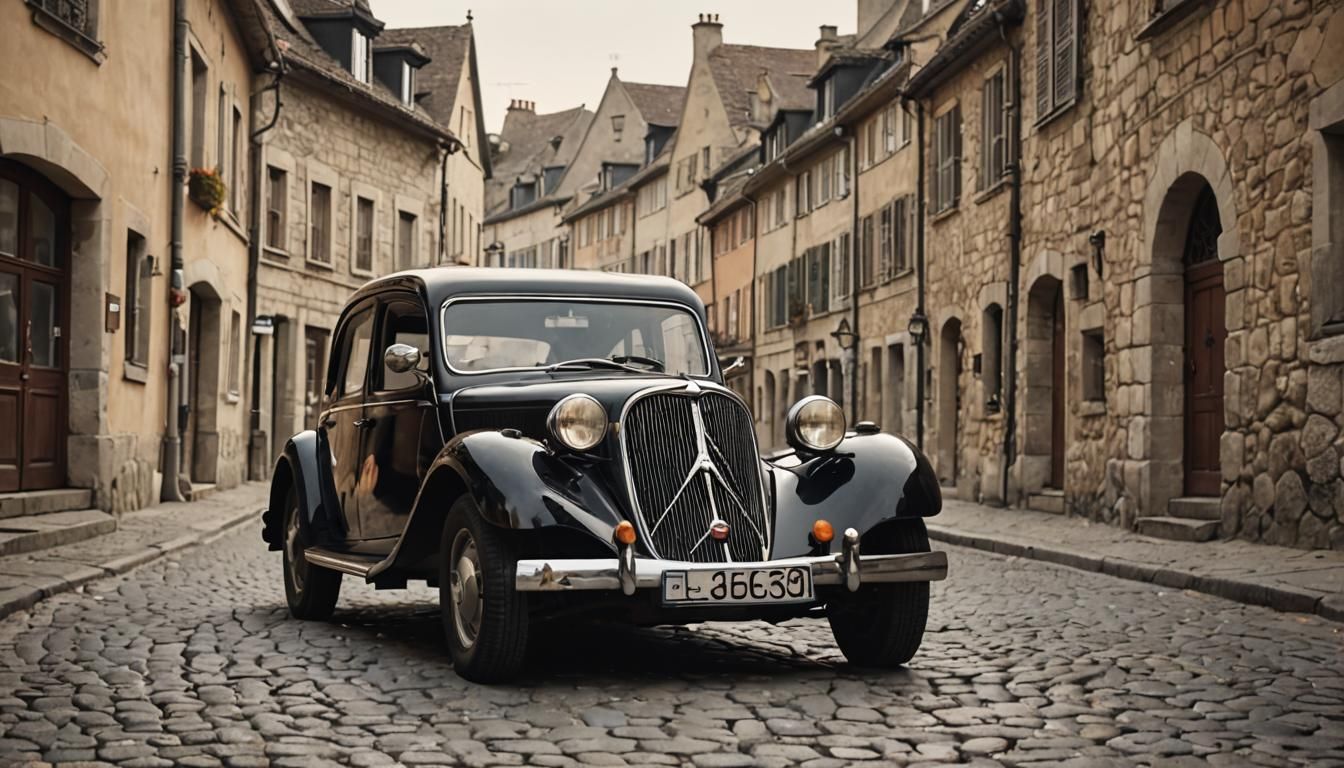Vintage Citroën on Cobblestone Street: Retro Photography