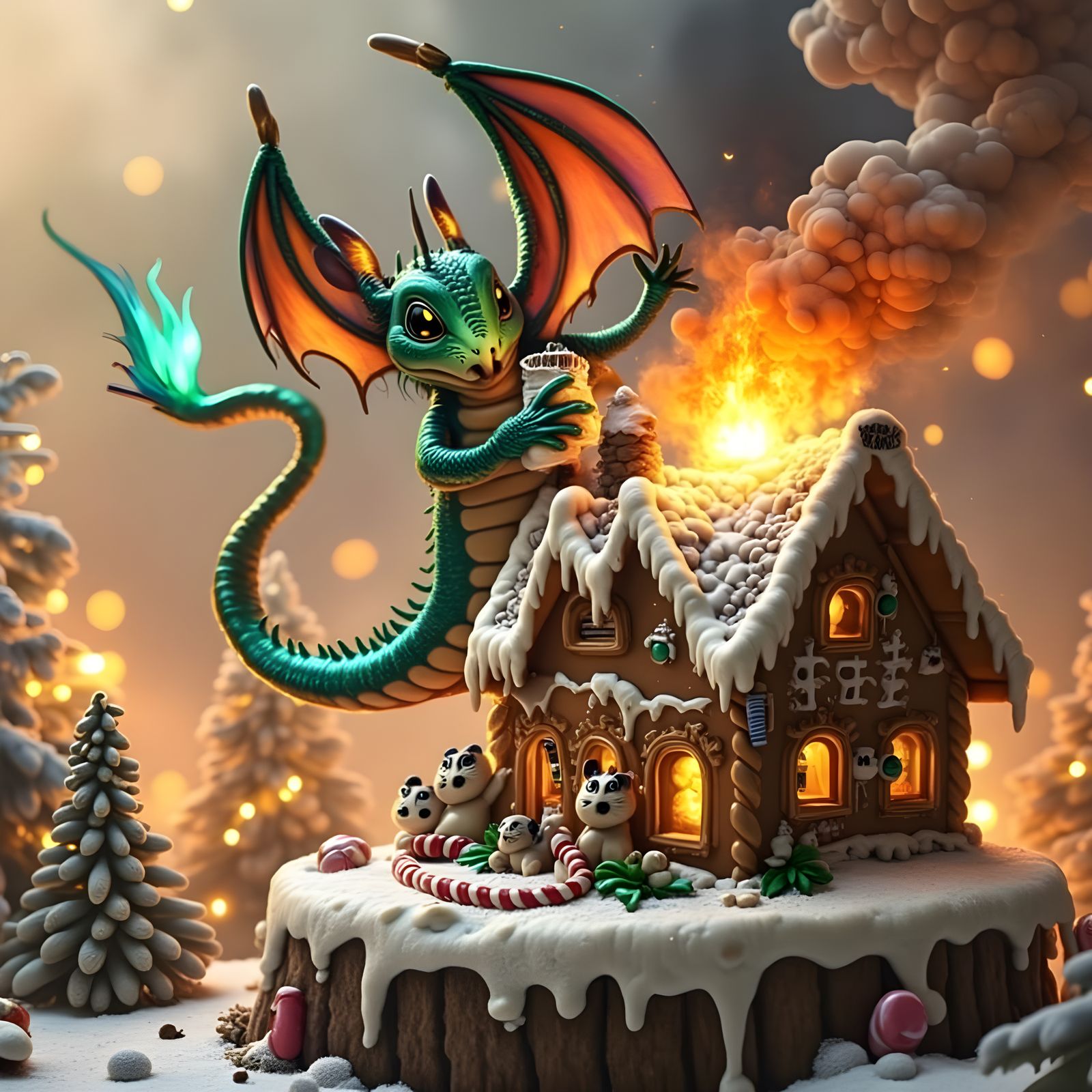 Surreal Whimsical Forest Fire Dragon Devours Gingerbread Hou...