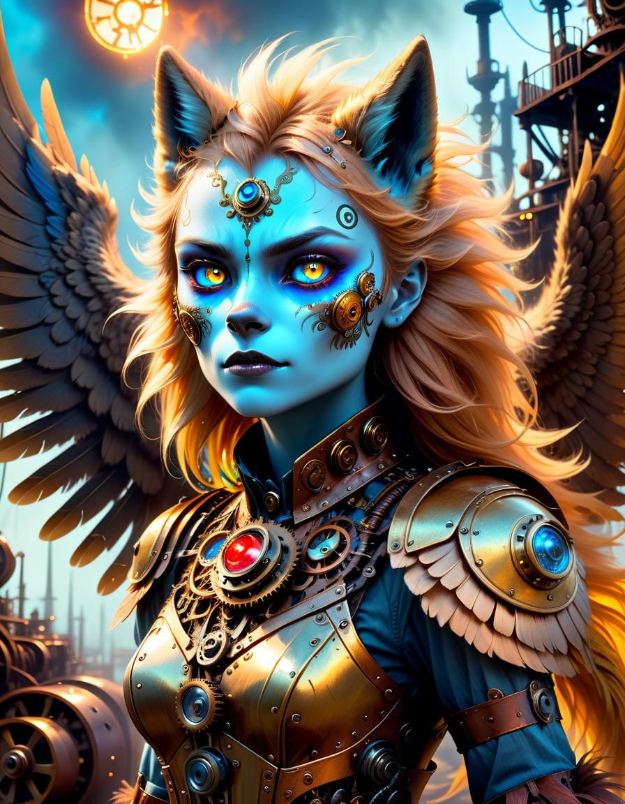 Winged Werewolf in Steampunk Junkyard: Surreal Artwork