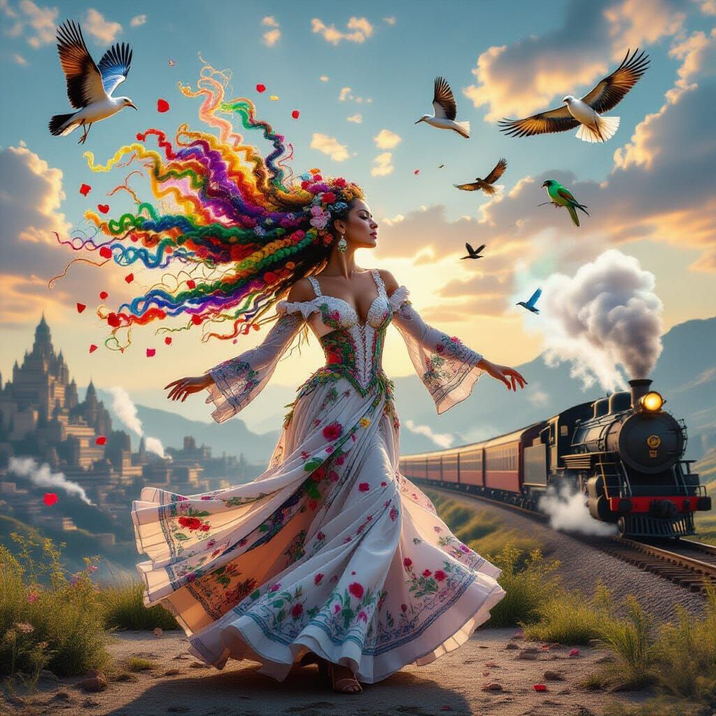 Woman Dancing in Rainbow Transformation: Photorealistic