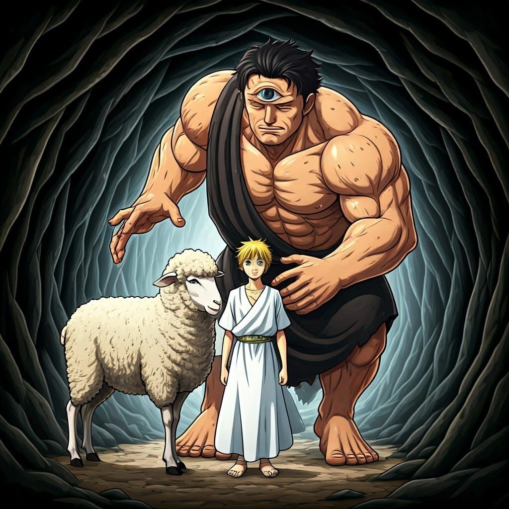 Greek Explorer and Cyclops in Manga Style