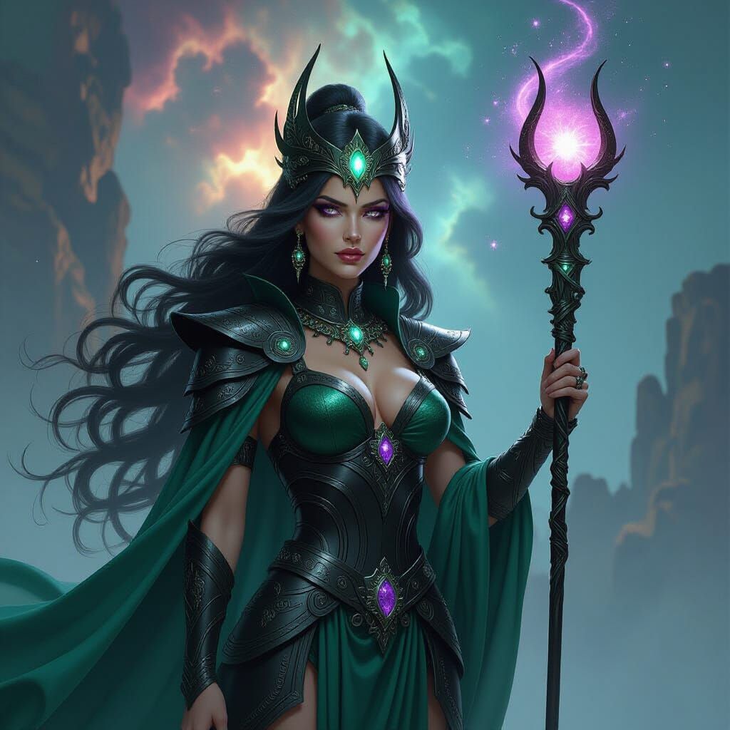 Regal Goddess Mara in Obsidian Armor with Amethyst Staff