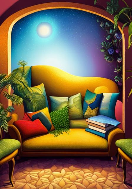 Surrealist Reading Nook with Houseplants at Golden Hour