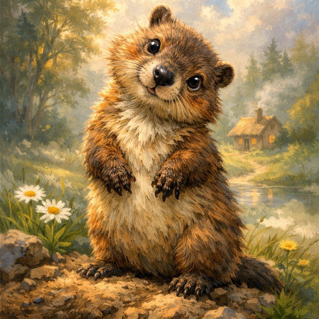 Curious Groundhog Guardian in Storybook Style