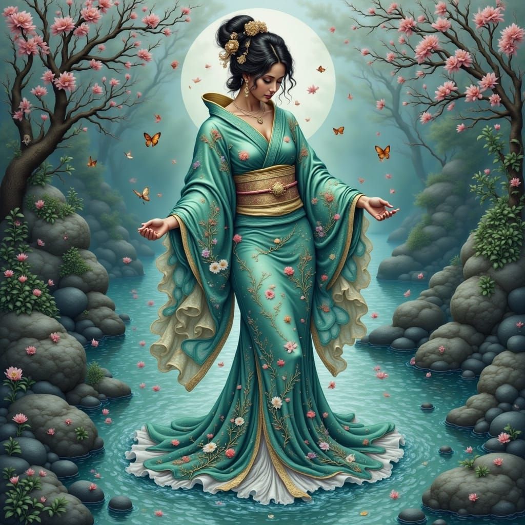 Ocean Priestess in Teal Kimono with Bioluminescent Waters