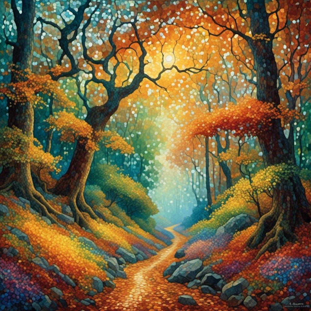 rocky path through a dense oak forest, post-Impressionist ar...