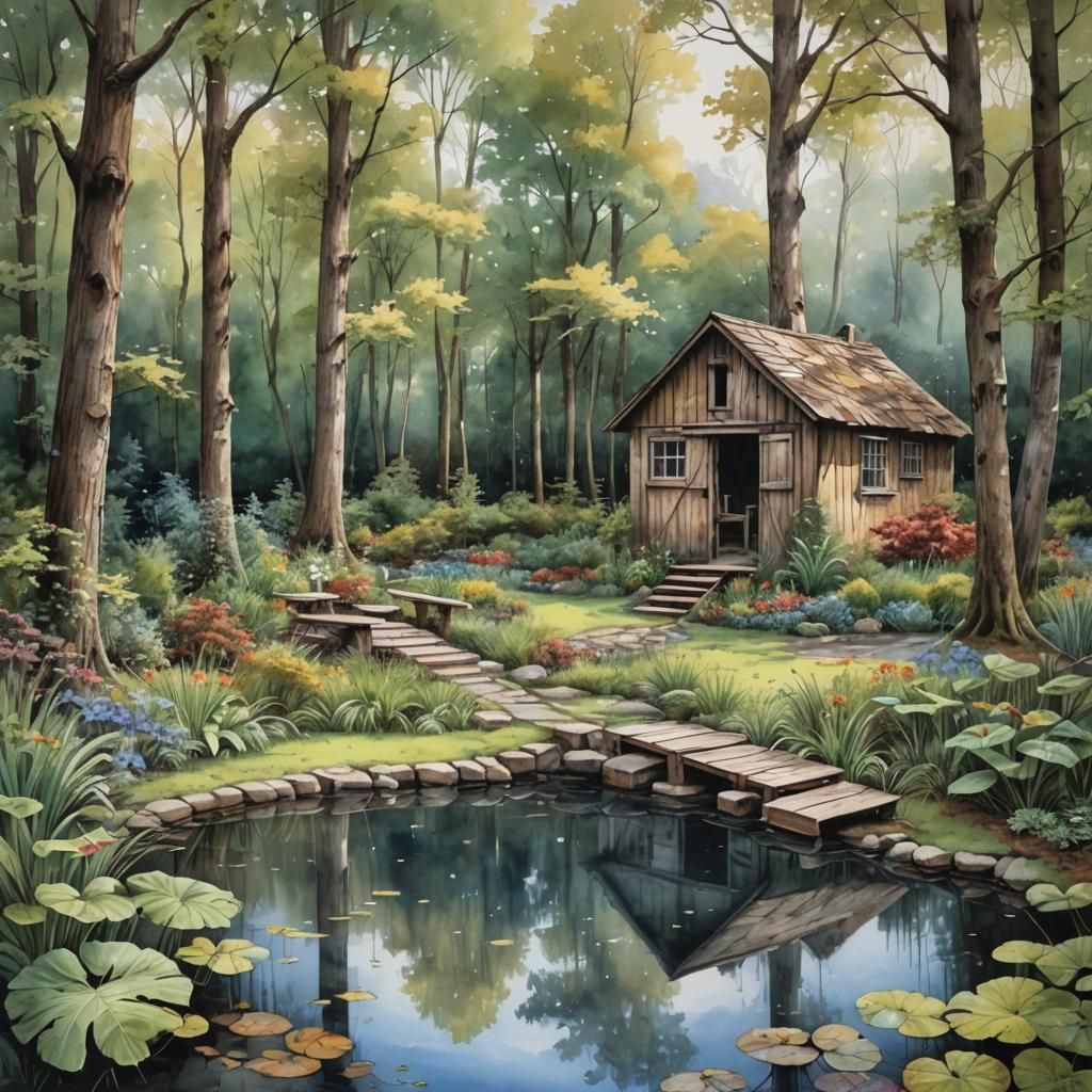 Rustic Shed by Tranquil Pool: Watercolor Painting