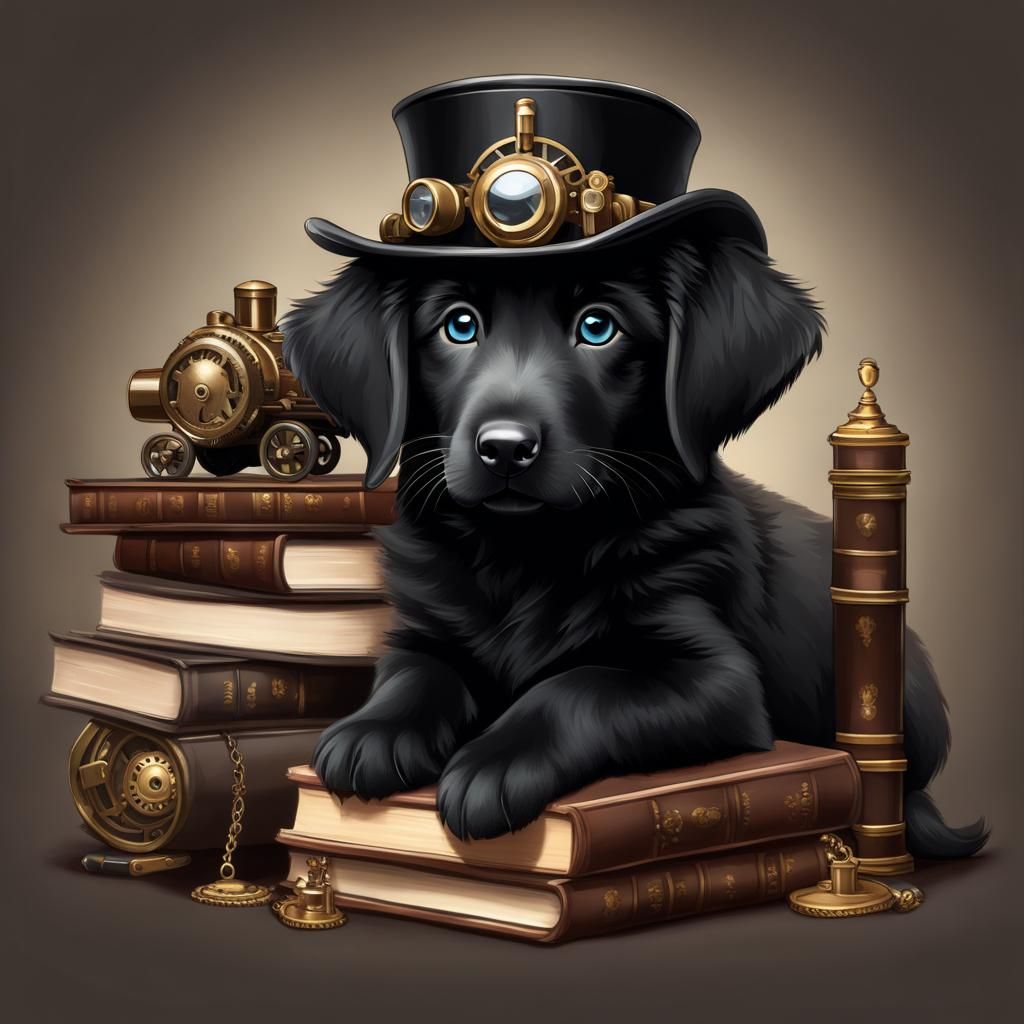 Steampunk Flat-Coat Retriever Puppy in Library