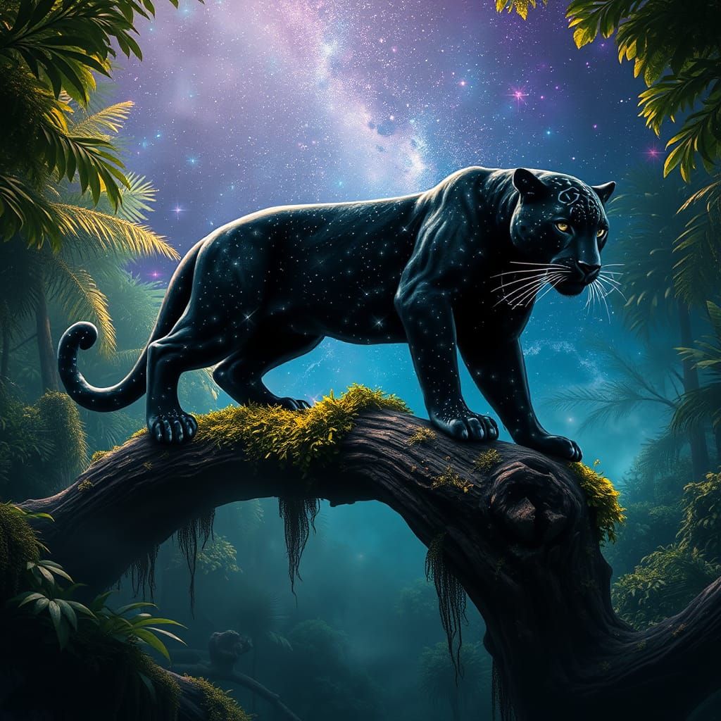 Iridescent Starlight Jaguar in Mystical Rainforest