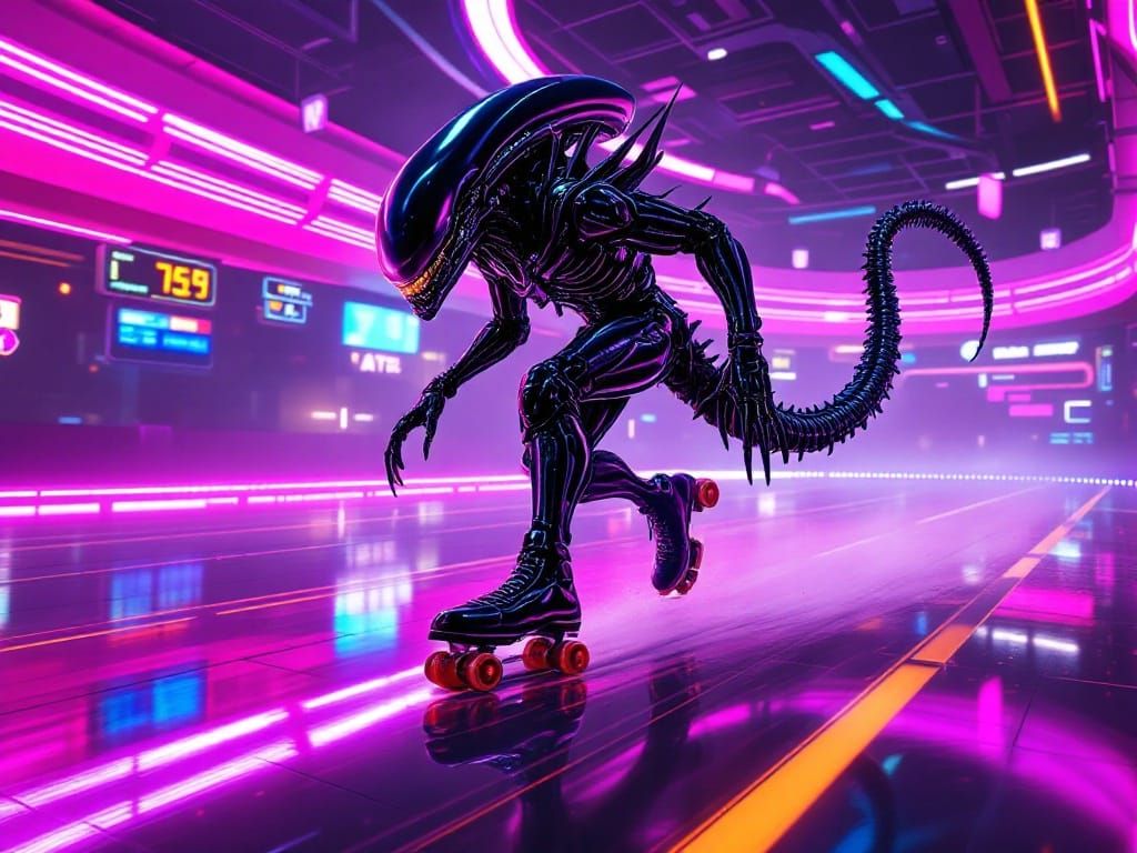 Xenomorph Roller Skating in Retro-Futuristic Rink