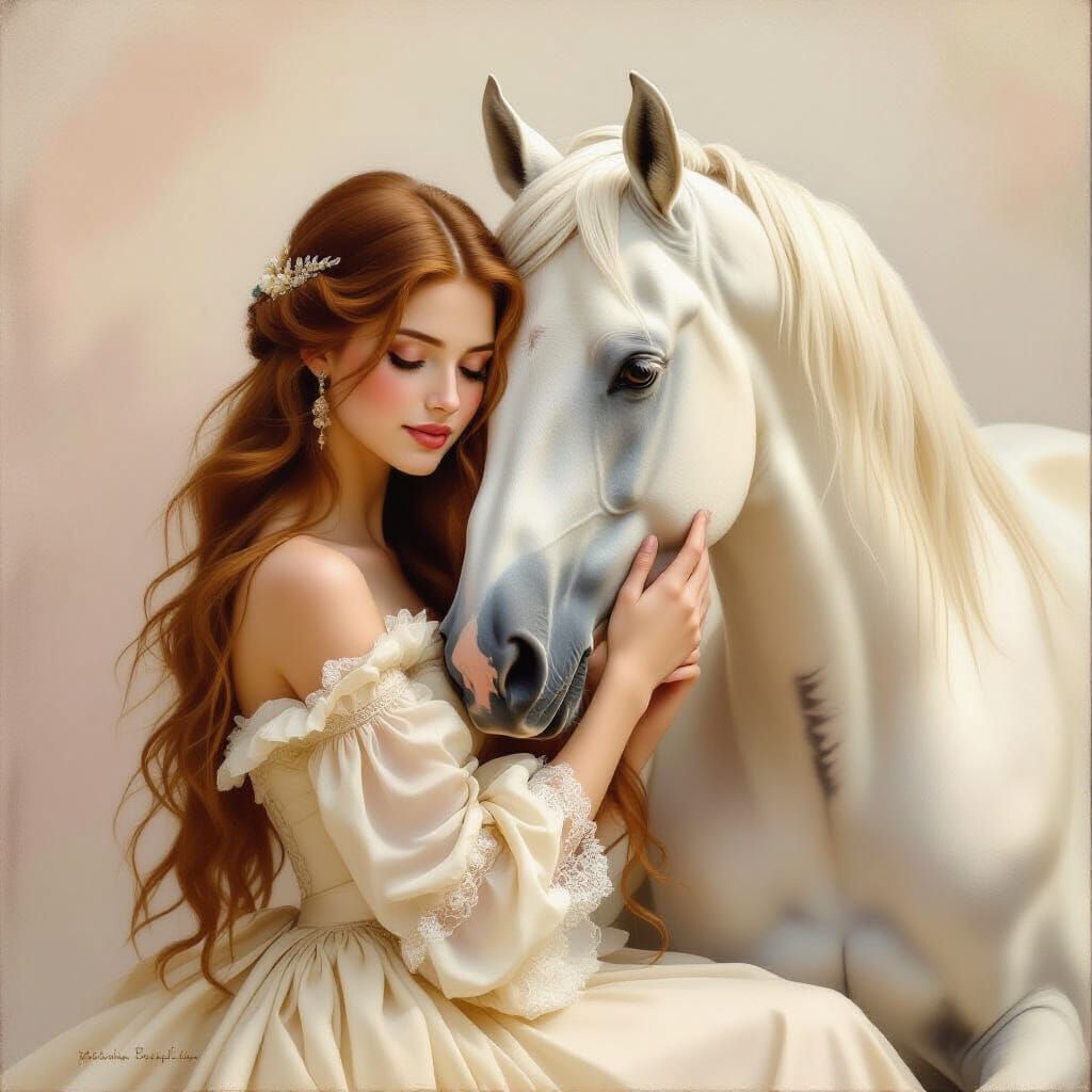 Woman Embraces Horse in Ethereal Pre-Raphaelite Style