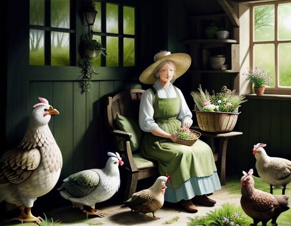 Hobbit Woman with Hens in Whimsical Folk Art