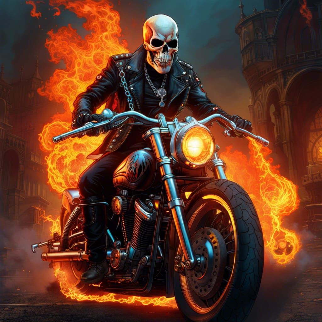 Flaming Ghost Rider on Harley: Fantasycore Art