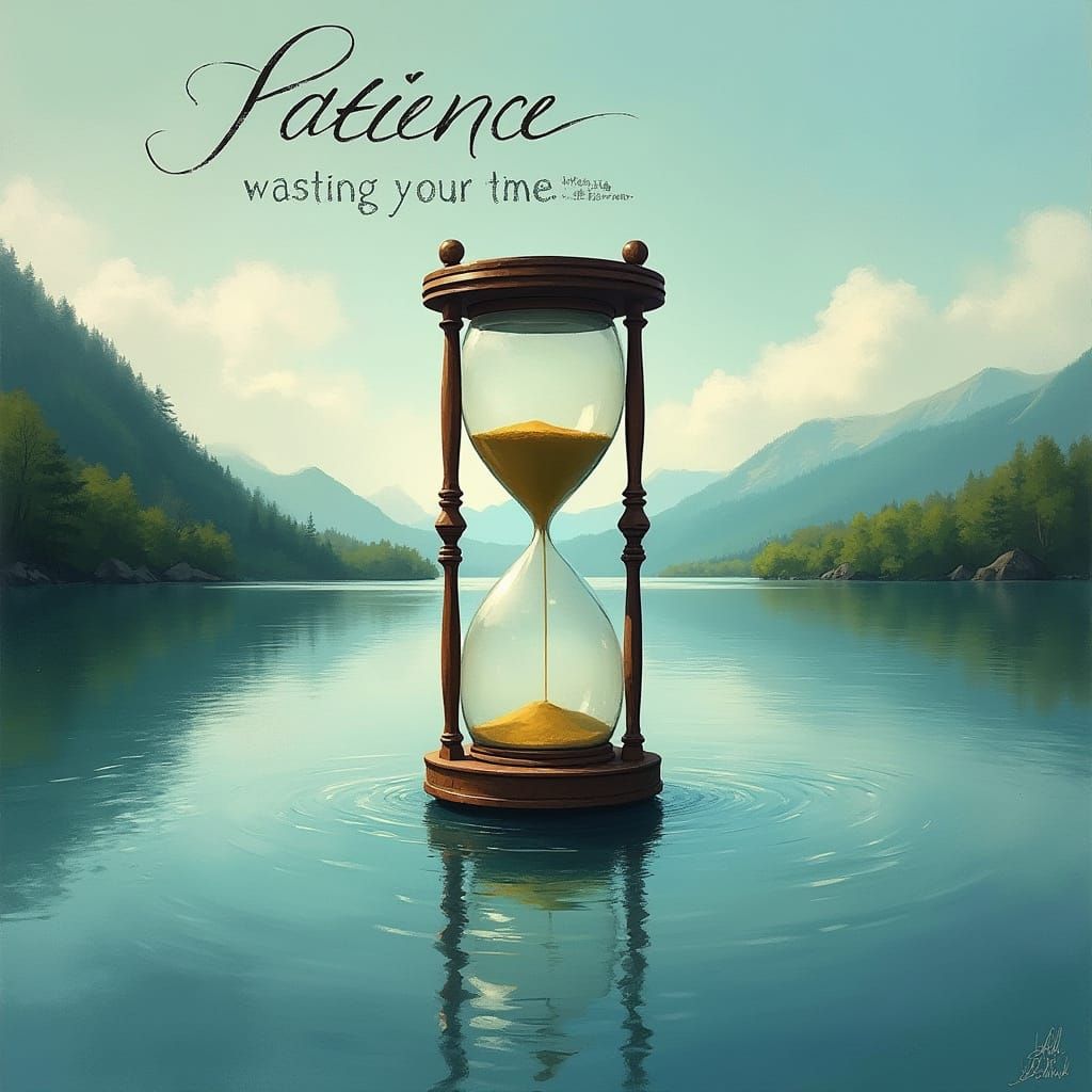 Hourglass Reflects Patience on a Serene Lake
