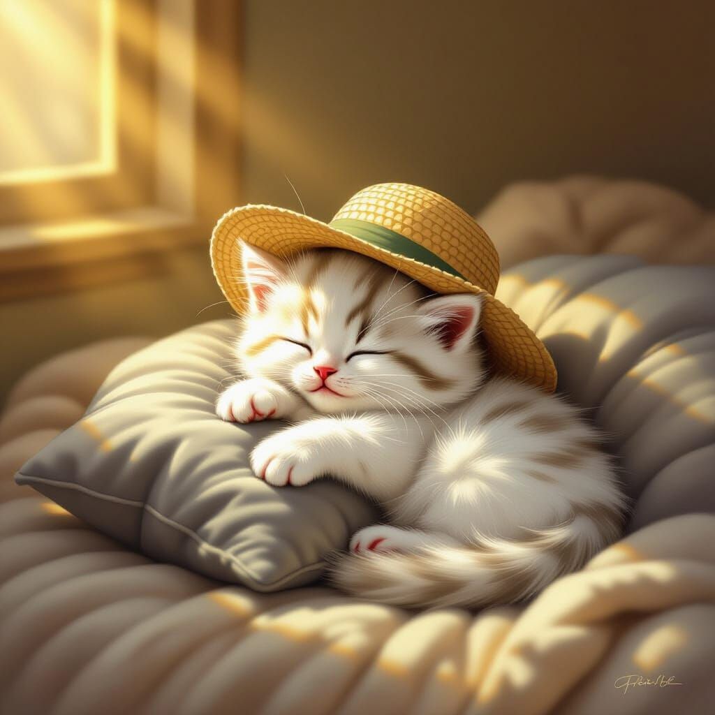 Fluffy White Kitten Sleeps in Sunbeam Wearing Straw Hat
