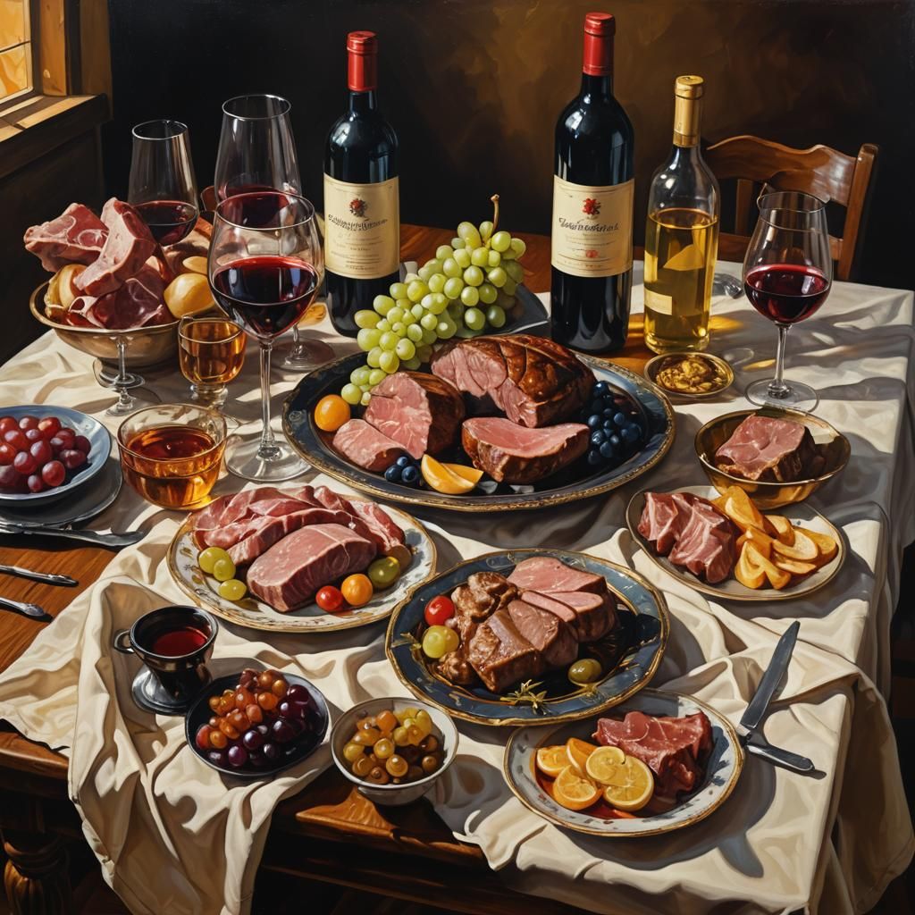 Wine and Meat Still Life in Baroque Style