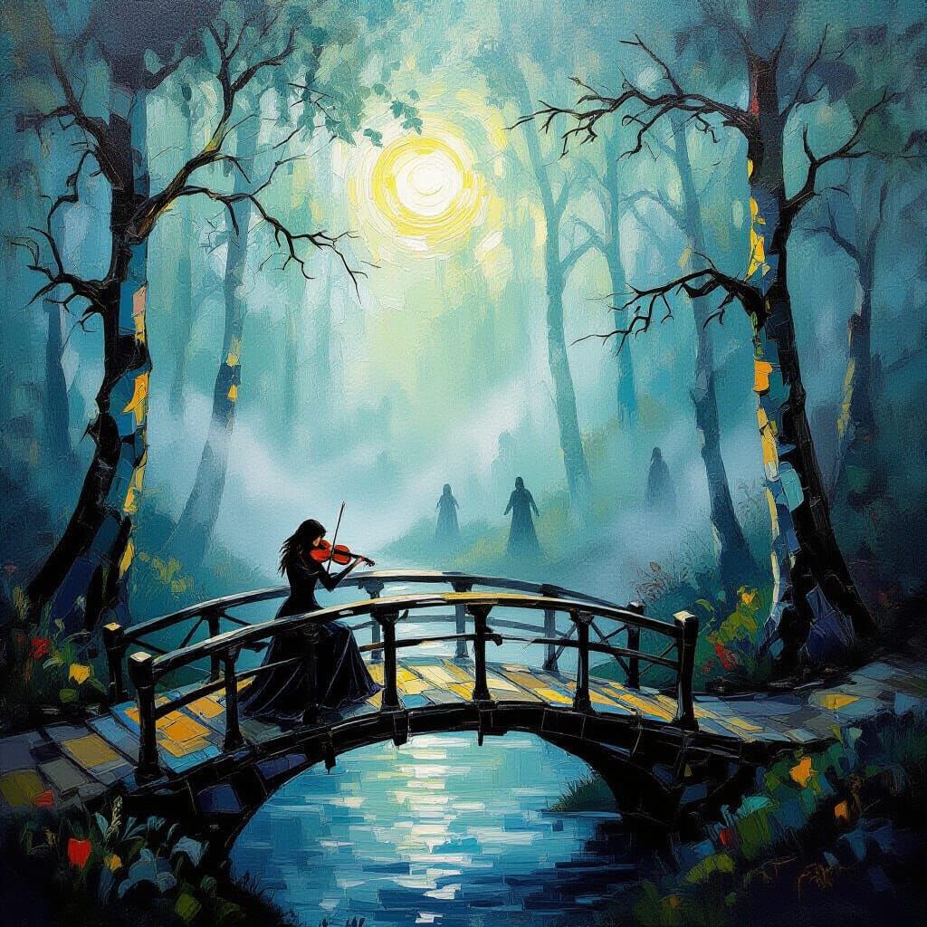 Violinist on Misty Bridge in Enchanted Forest