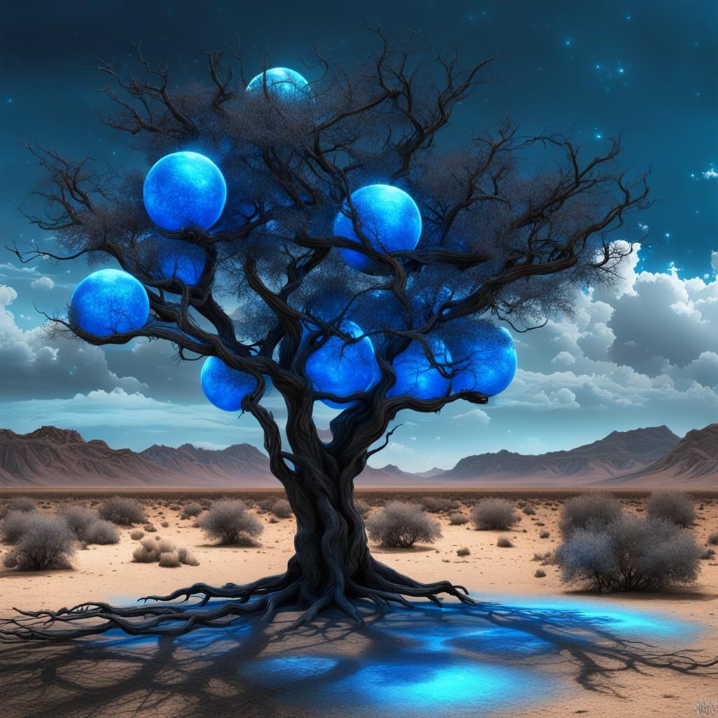 Radiant Orbs in Black Tree Desert: Magic Realism